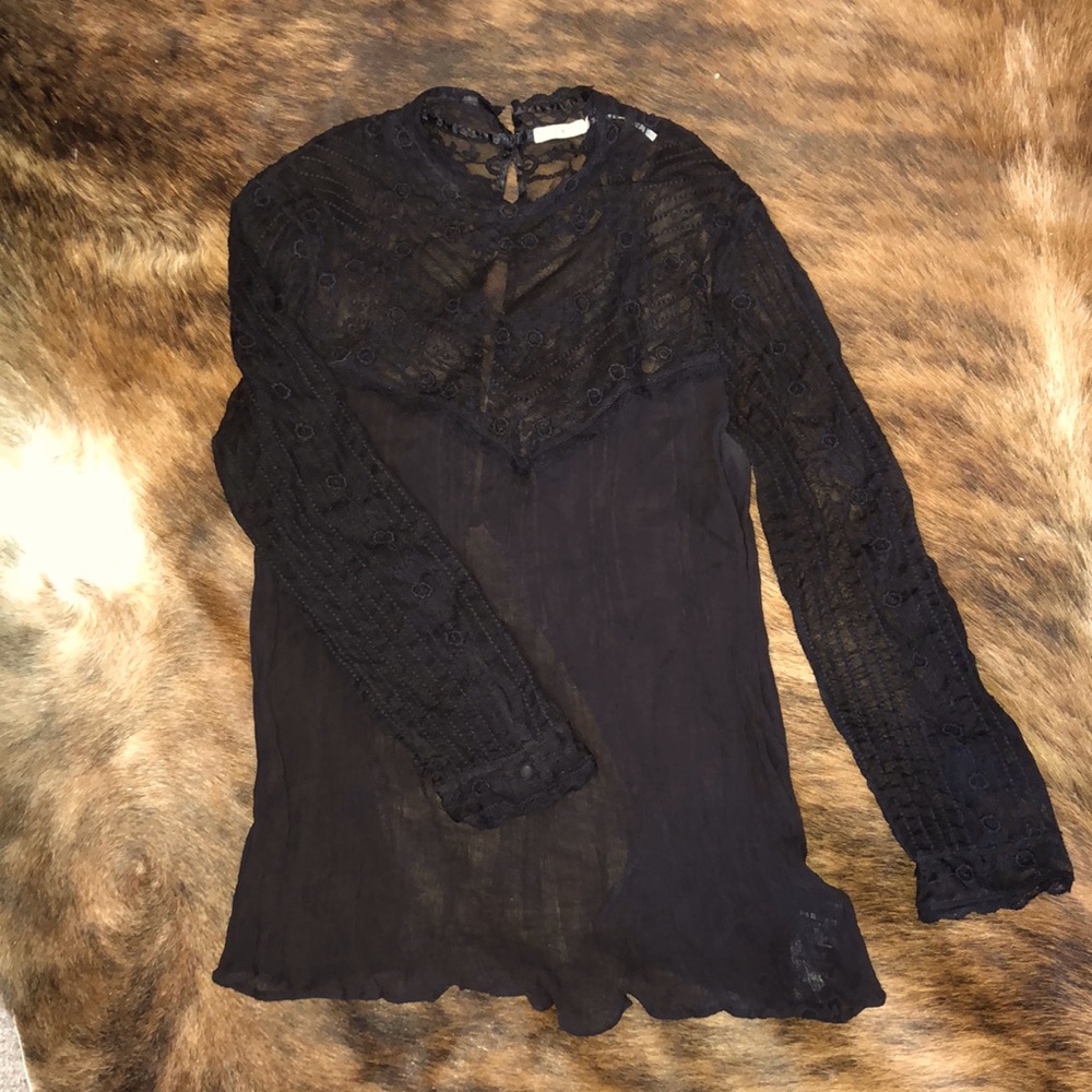 Sheer Black High Neck Blouse with Lace Detail